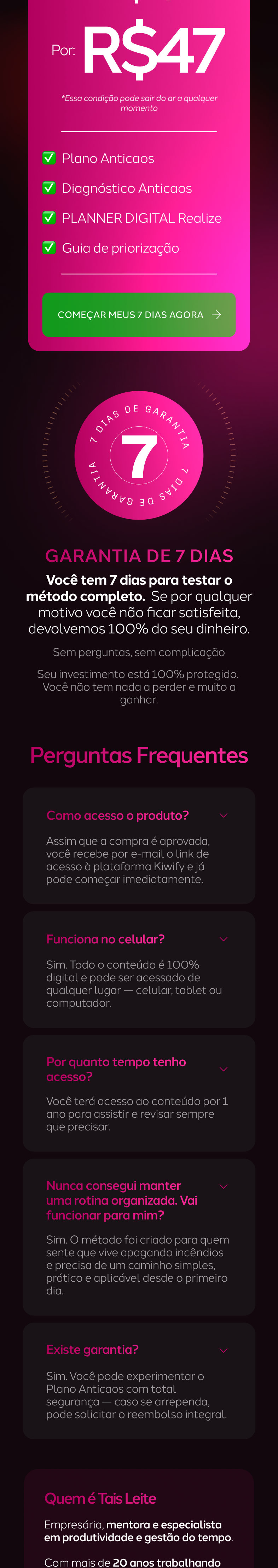 Promotional graphic showing a Diagnóstico Anticaos book and digital planner on devices, with a discounted price from R$297 to R$47, a 7-day money-back guarantee, and a bio of Tais Leite, a productivity and time management expert.