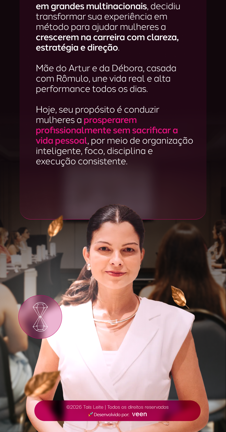 Promotional graphic showing a Diagnóstico Anticaos book and digital planner on devices, with a discounted price from R$297 to R$47, a 7-day money-back guarantee, and a bio of Tais Leite, a productivity and time management expert.