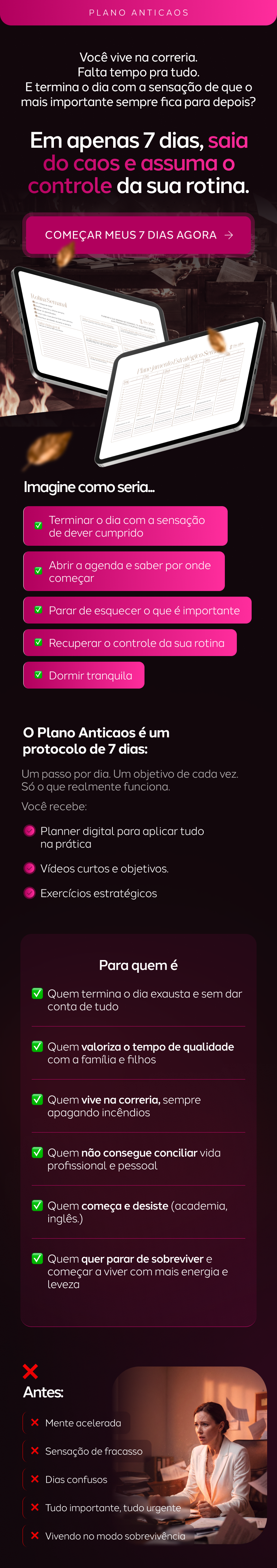 Promotional graphic with text about regaining control of life in 7 days, showing two digital tablets displaying weekly and strategic planning schedules.