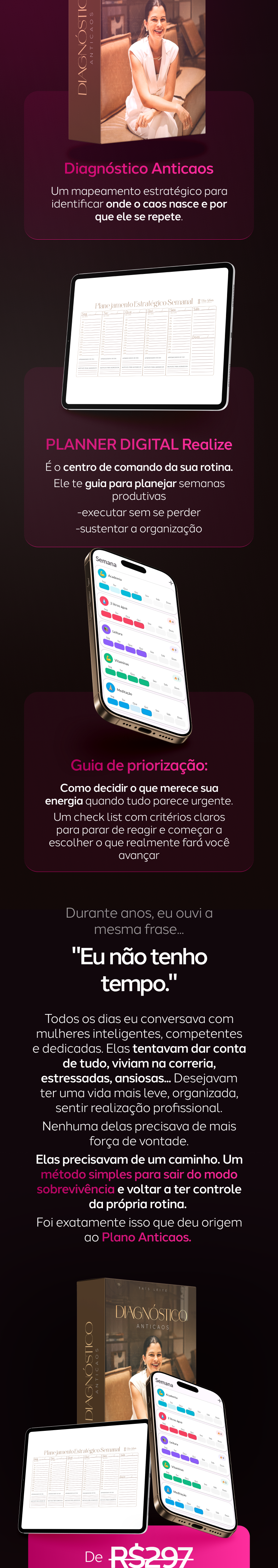 Comparison of stress and productivity before and after: stressed woman listing problems, calm woman listing benefits, and images of bonus materials including a strategic diagnosis book, a digital planner on a tablet, and a prioritization guide on a phone.