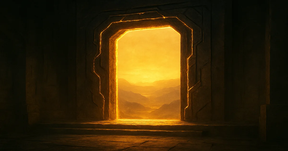 A luminous gateway before a vast otherworld valley in warm gold light
