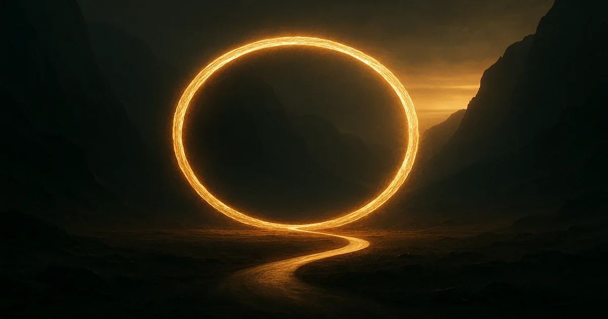 A ring of gold light rising from a winding path through a dark valley toward dawn &mdash; the circle of the hero&rsquo;s journey: departure, the dark, and the return.
