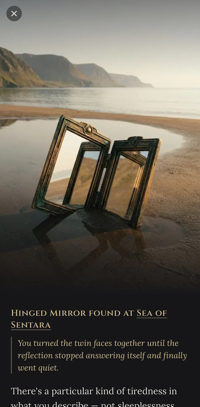 A morning letter on a phone: a hinged mirror standing in shallow water at the Sea of Sentara, the line about it, and the letter beginning underneath