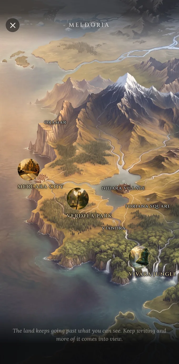 The map of Meldoria on a phone: a painted coastline of mountains, forest and sea, with some named places lit and others still dark