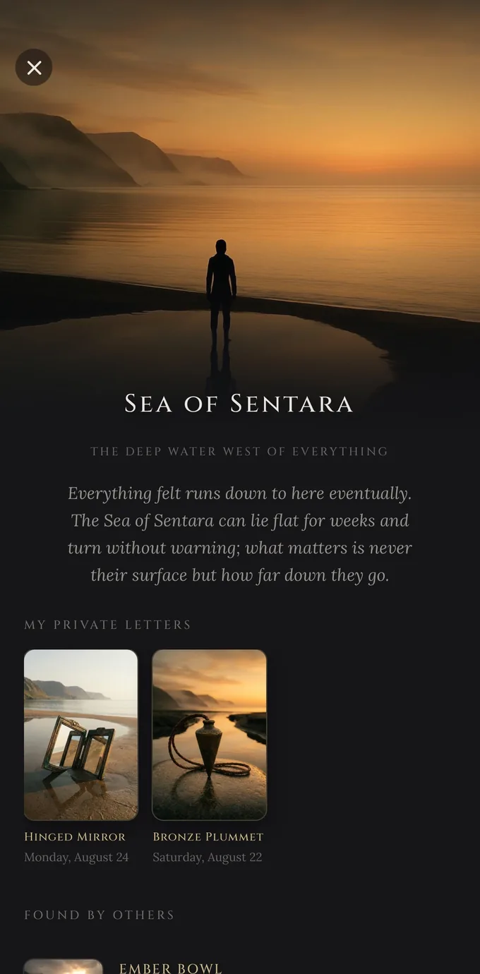 A place page in Meldoria on a phone: the Sea of Sentara at dusk, a shelf headed My private letters, and beneath it a shelf headed Found by others