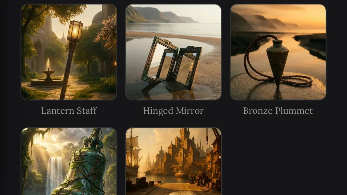 A shelf of collected relics in the app — a lantern staff, a hinged mirror and a bronze plummet, each named beneath it