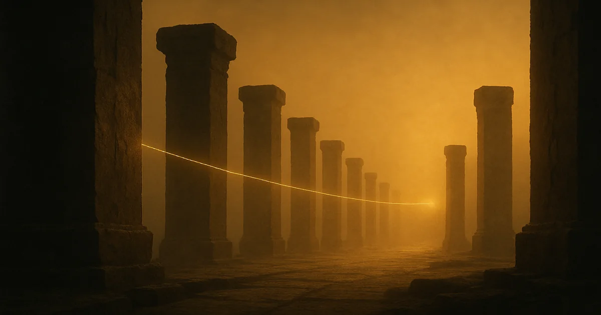 A colonnade of monolithic stone pillars at unequal heights, a thread of gold light strung between them