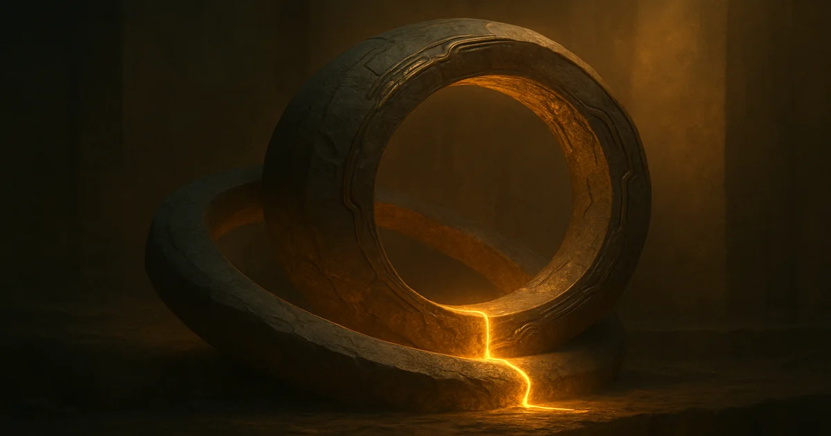 Two interlocking rings of ancient stone set at different depths, a seam of molten gold running through both