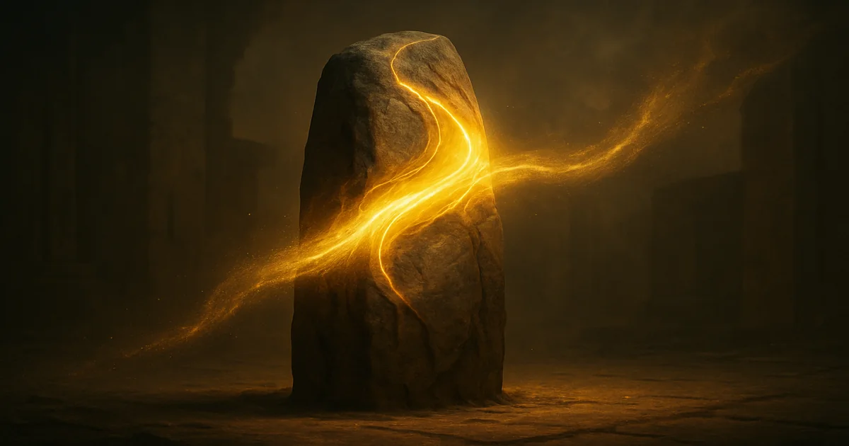 A weathered standing stone being reshaped by a current of gold light, its older form faintly visible beneath