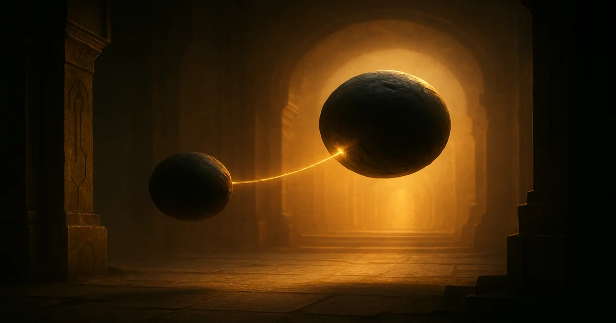 Two orbiting spheres of dark stone held at a fixed distance by a taut gold tether