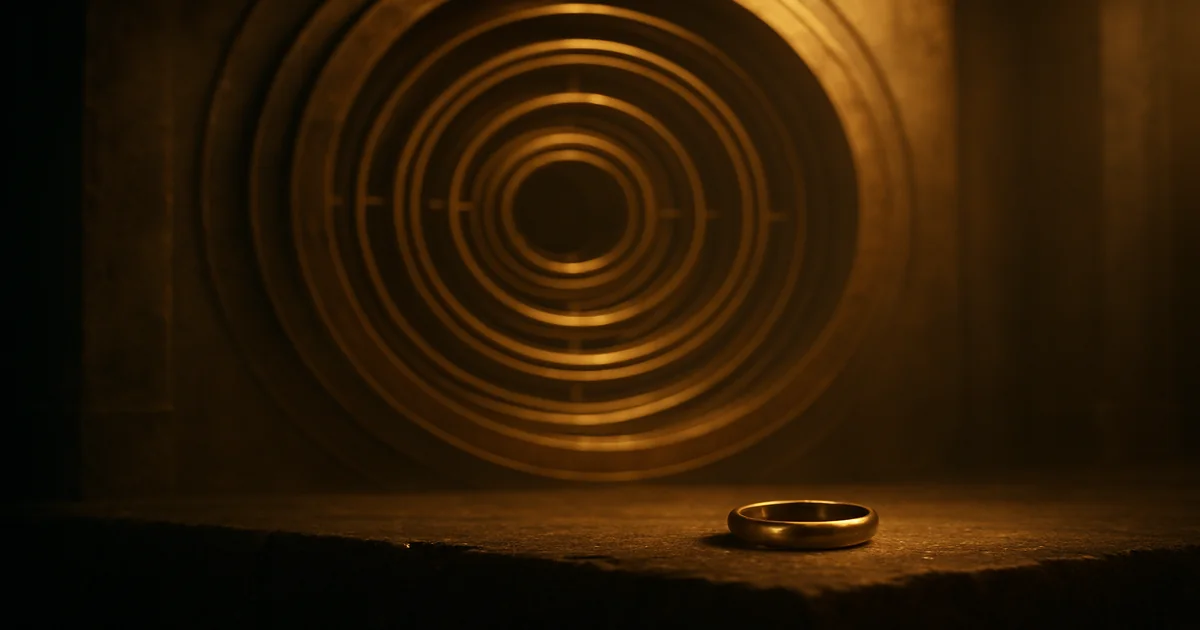A simple gold ring beside a deep mechanism of many nested rings that contains it