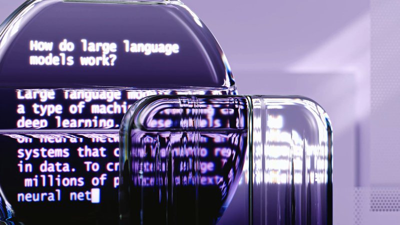 a stylized image with superimposed text evoking questions about how natural language processing and artificial intelligence works