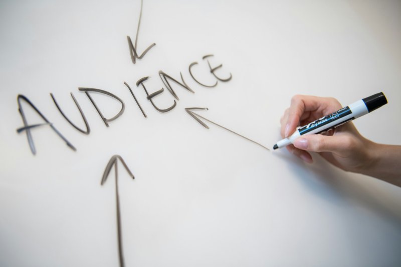person writing &#39;audience&#39; on a white board which could be a target component of a grant evaluation plan 