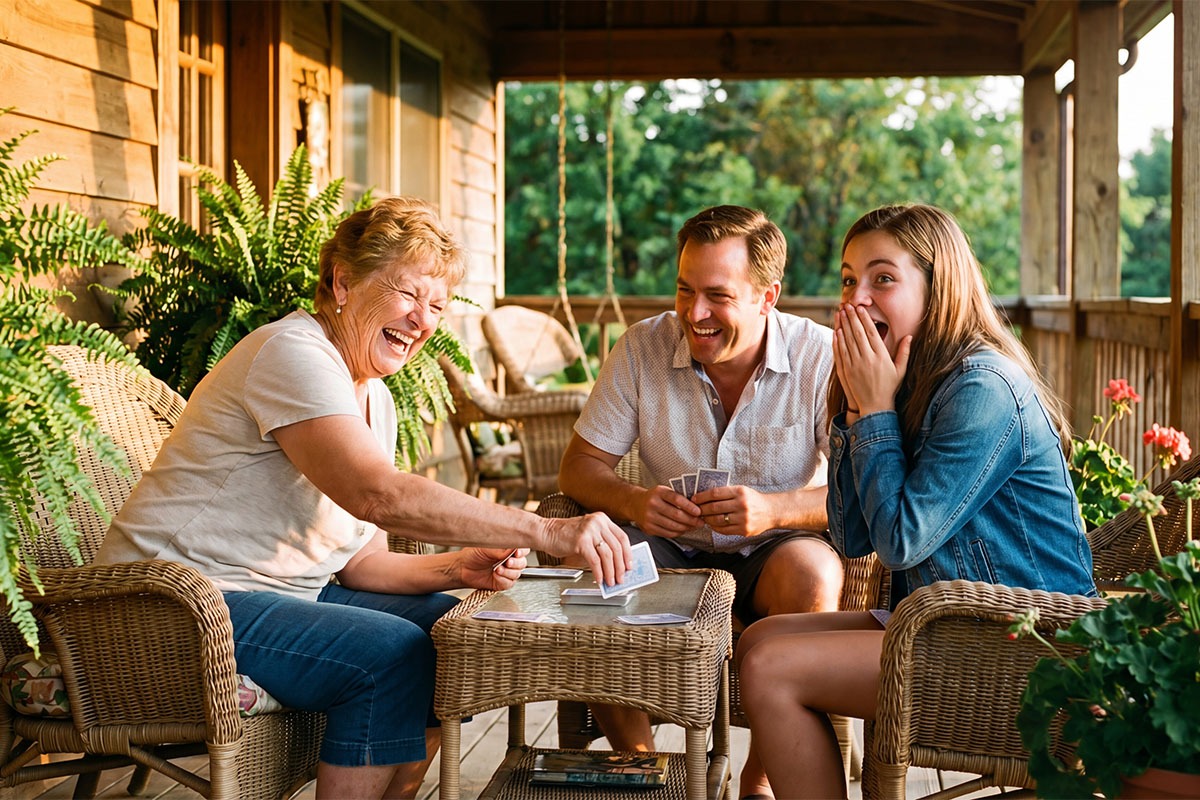 family playing a card game together