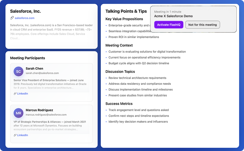 FlashIQ helps sales reps to prepare and reseach before every sales call