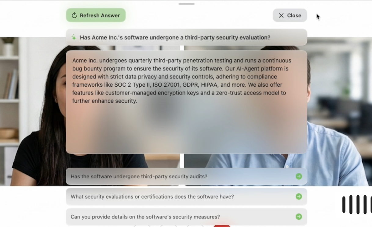 FlashIQ AI sales agent in a meeting providing an instant answer.