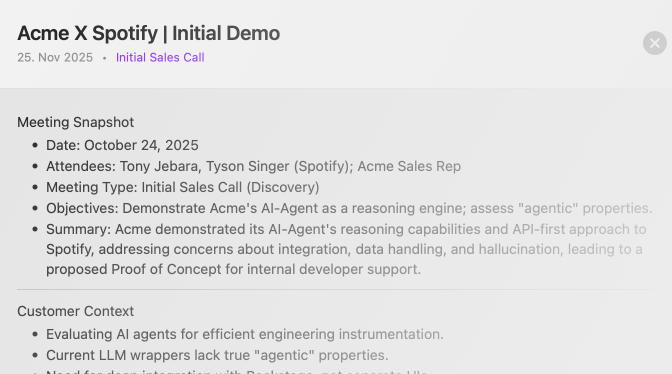 Meeting Notes Screenshot from the Product