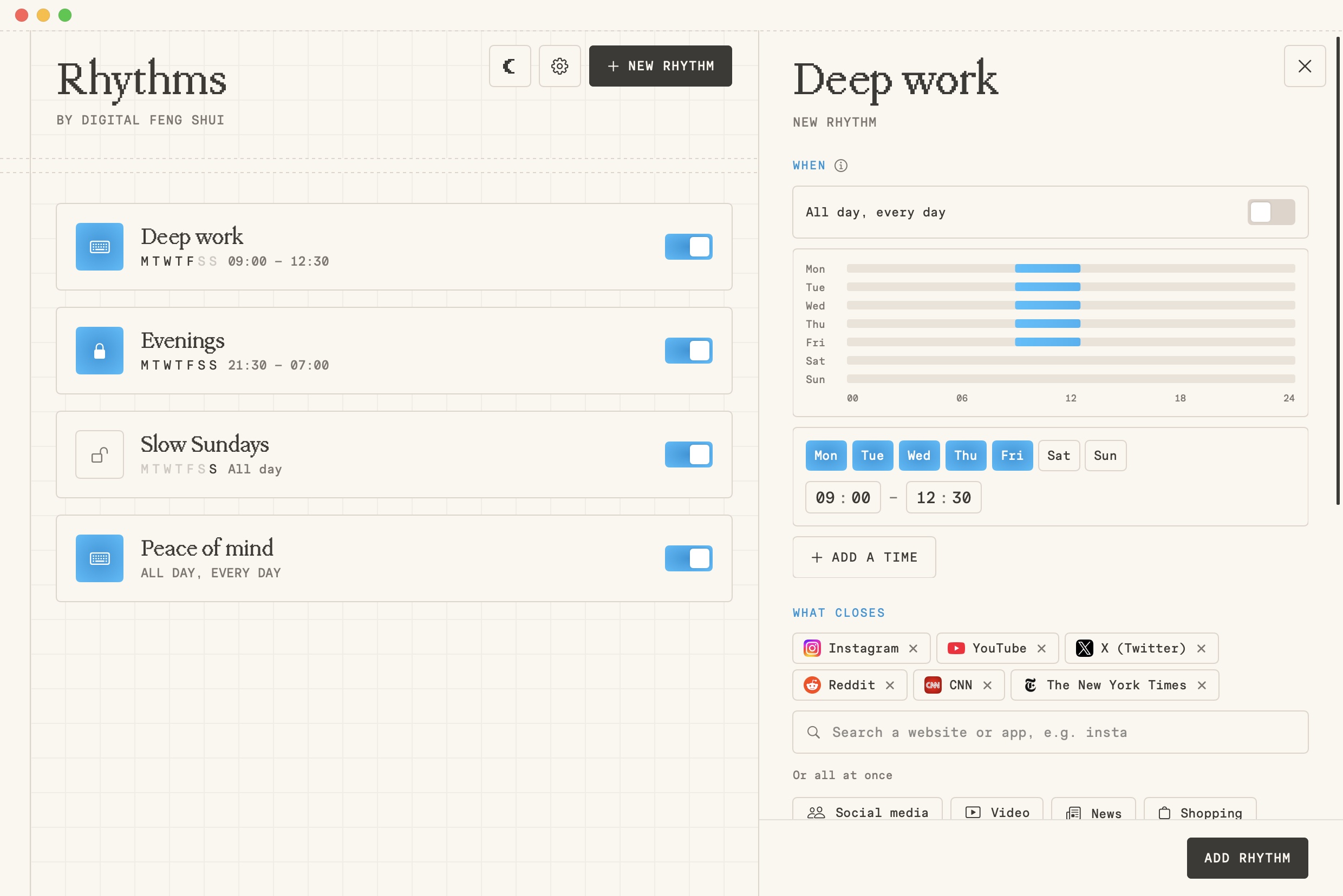 The Rhythms app on a Mac: four rhythms on the left, the Deep work rhythm open on the right with its days, times and the sites it closes.