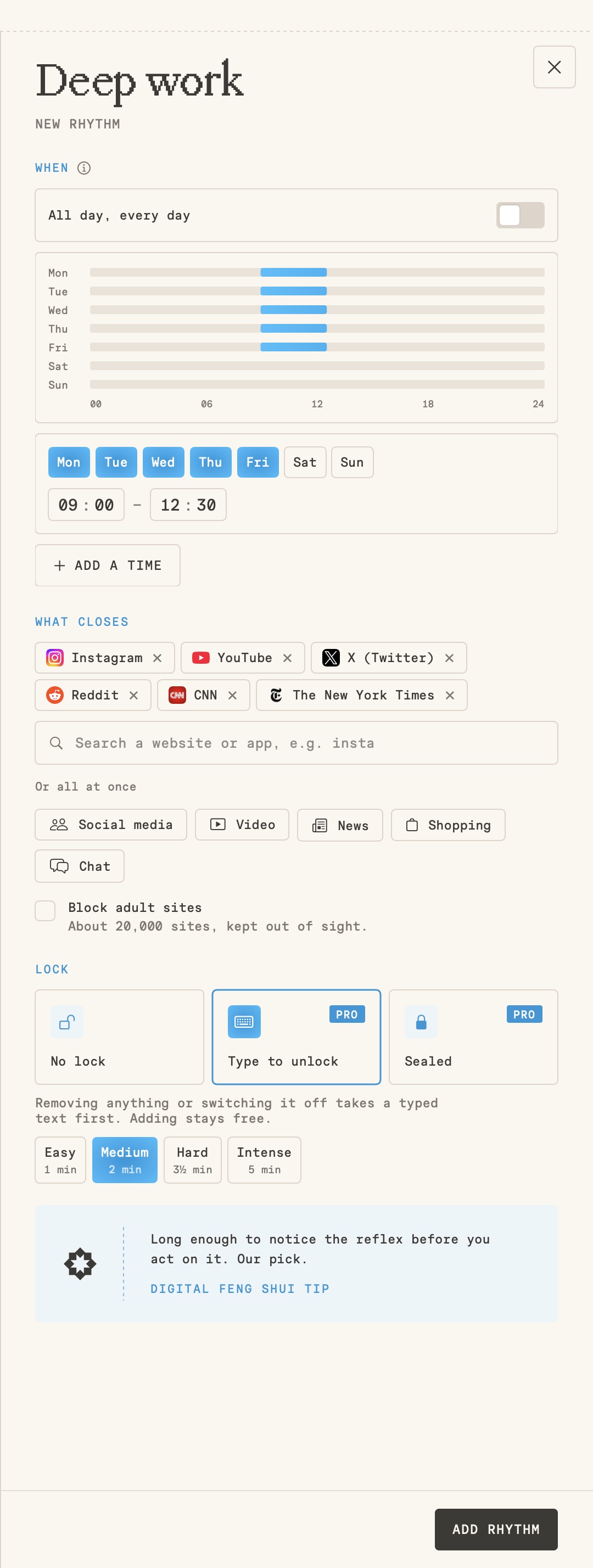 The Deep work rhythm being set up: weekdays from 09:00 to 12:30, six sites that close, and the Type to unlock lock.