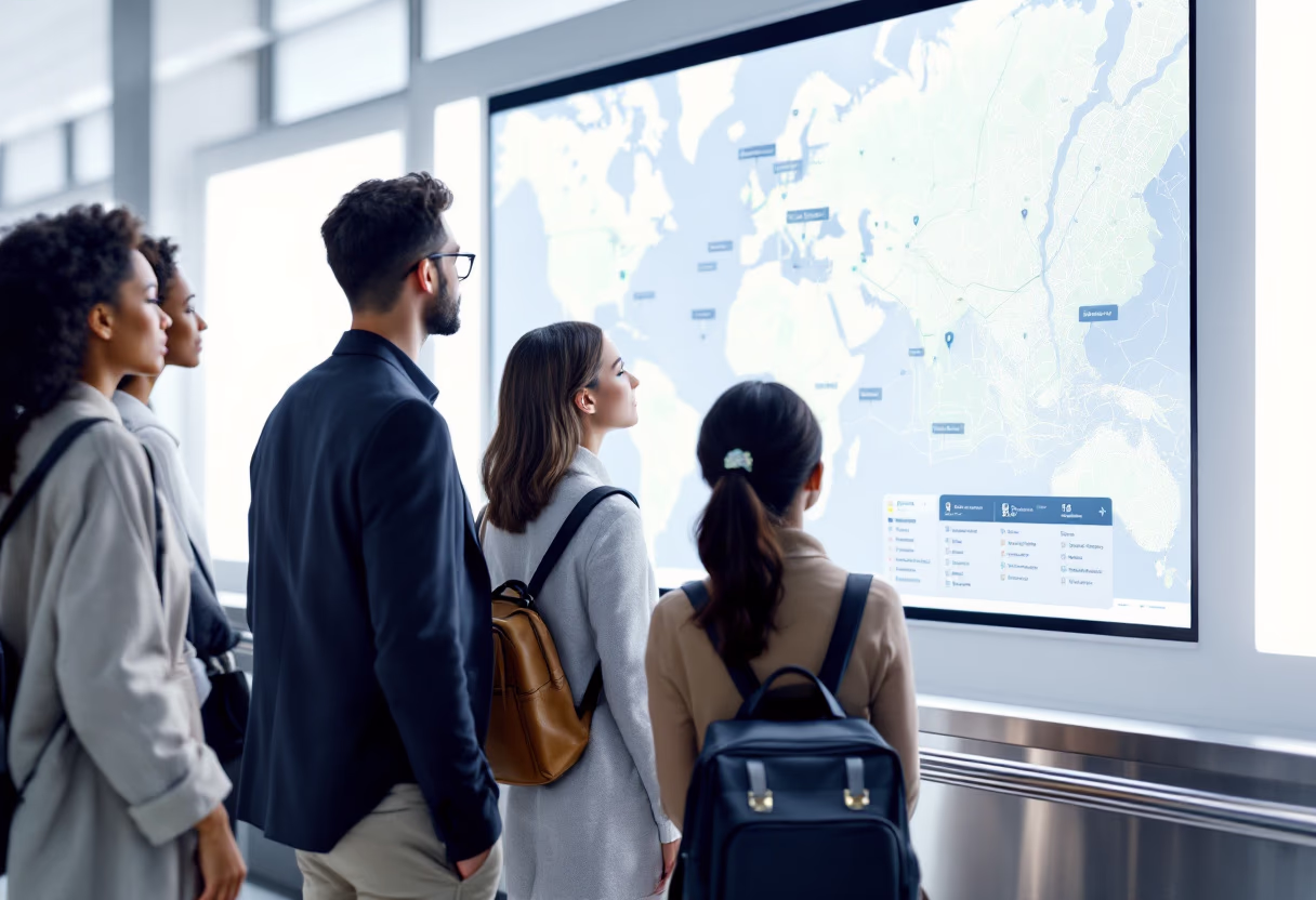 image of passengers checking map for a public transportation company