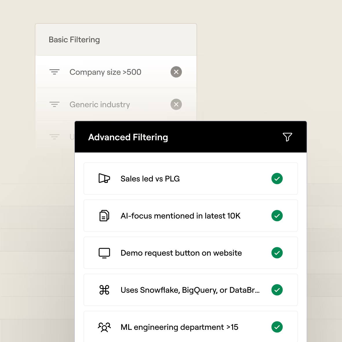 Clay Advance Filtering Product Mockup Screenshot