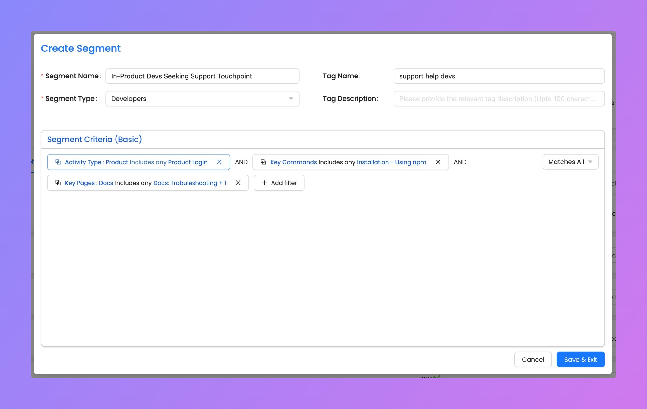 In Product Devs need Support Help - Reo.Dev Segment Criteria to push into LaGrowthMachine