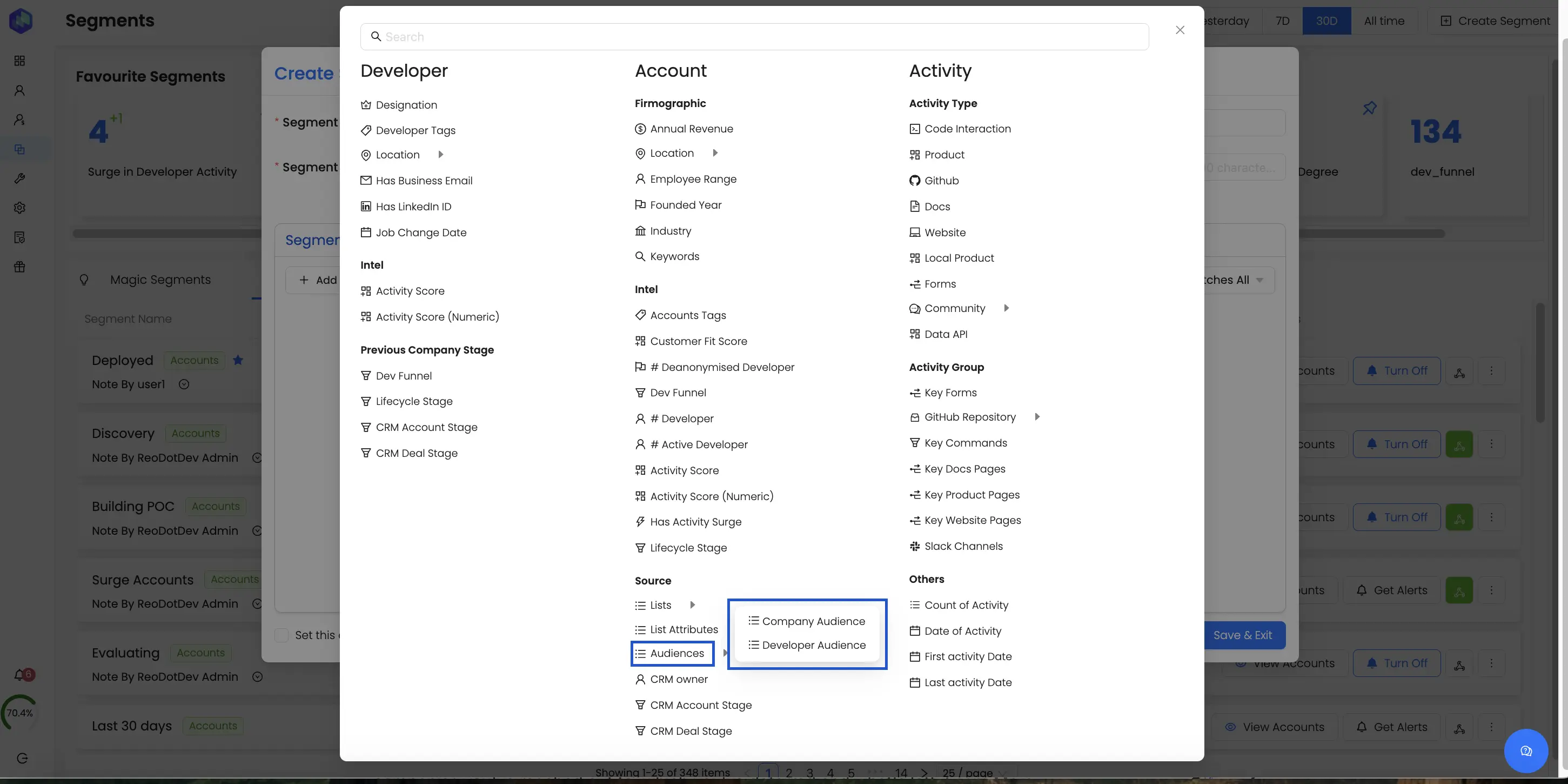 Create a segment in Reo.Dev using developer, account, and activity filters with audience selection options