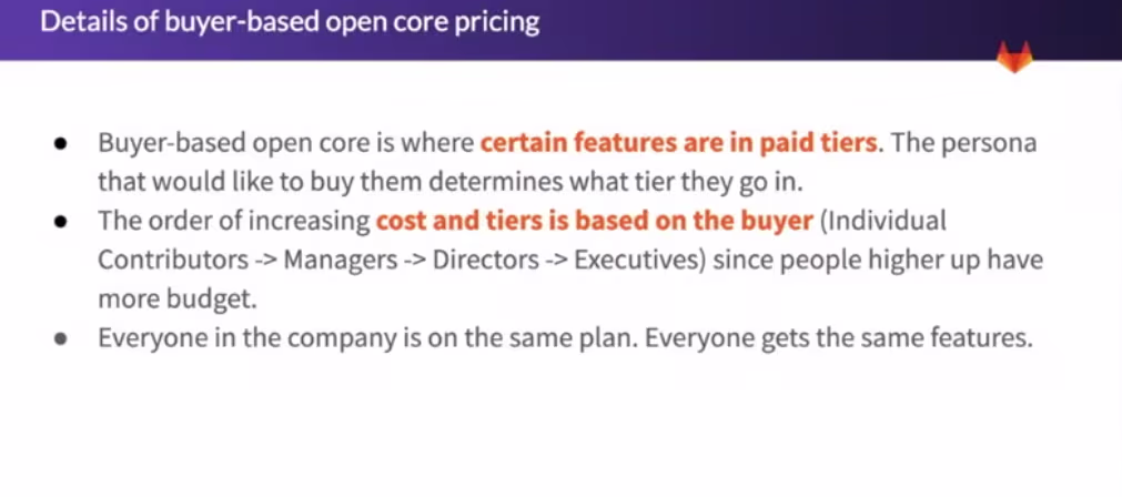 Slide explaining buyer-based open-core pricing for open source software, highlighting paid enterprise features and increasing pricing tiers based on buyer roles like contributors, managers, directors, and executives.
