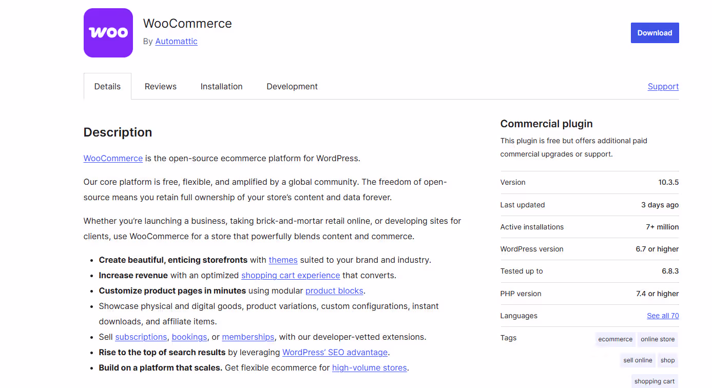 WooCommerce plugin listing on WordPress marketplace highlighting free open-source core with paid commercial extensions and support options