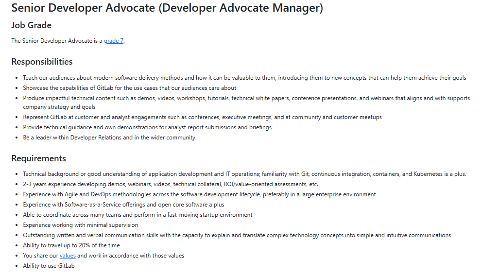 GitLab chart describing senior developer advocate responsibilities including community programs, content strategy, and technical enablement.