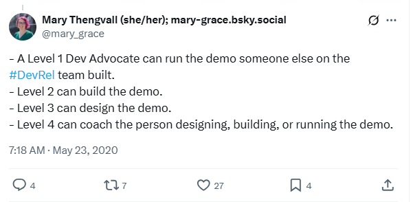 Developer advocacy career path chart showing growth from junior advocate to senior leadership and specialization tracks.