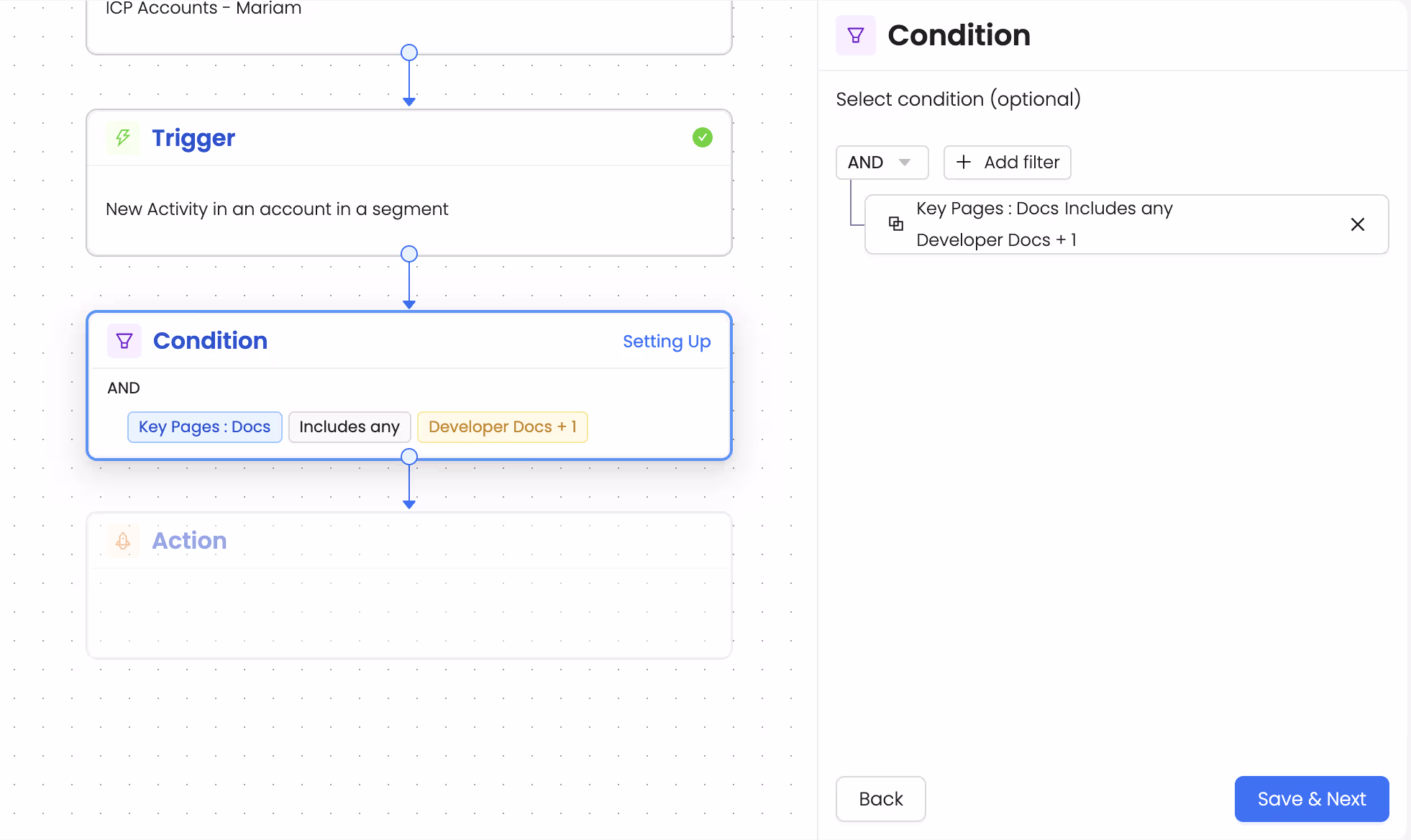 Set up a condition as a key page: You can choose Pricing page, a specific documentation page or any other page that indicates strong intent.