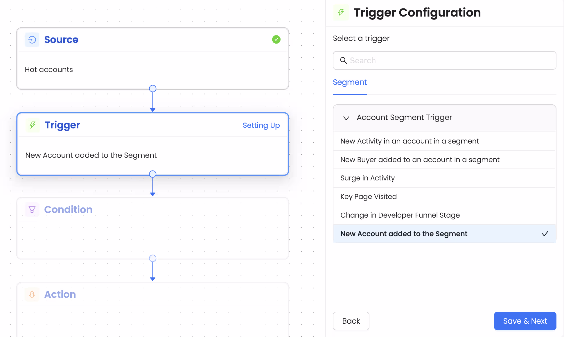 Choose Trigger ‘New account added to the segment’