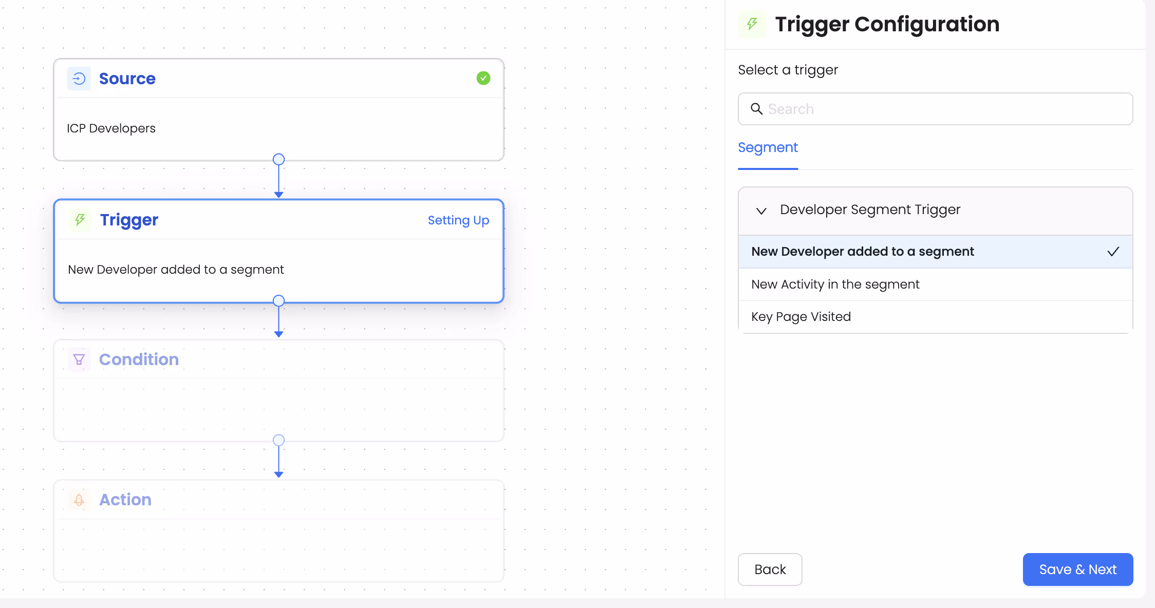 Choose the trigger ‘New Developer added to a segment’
