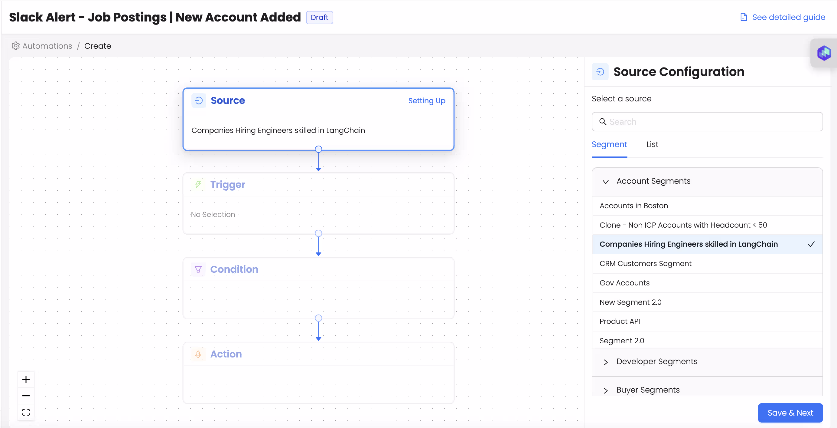 Slack alert job posting new account added, choose the source as ‘the segment’