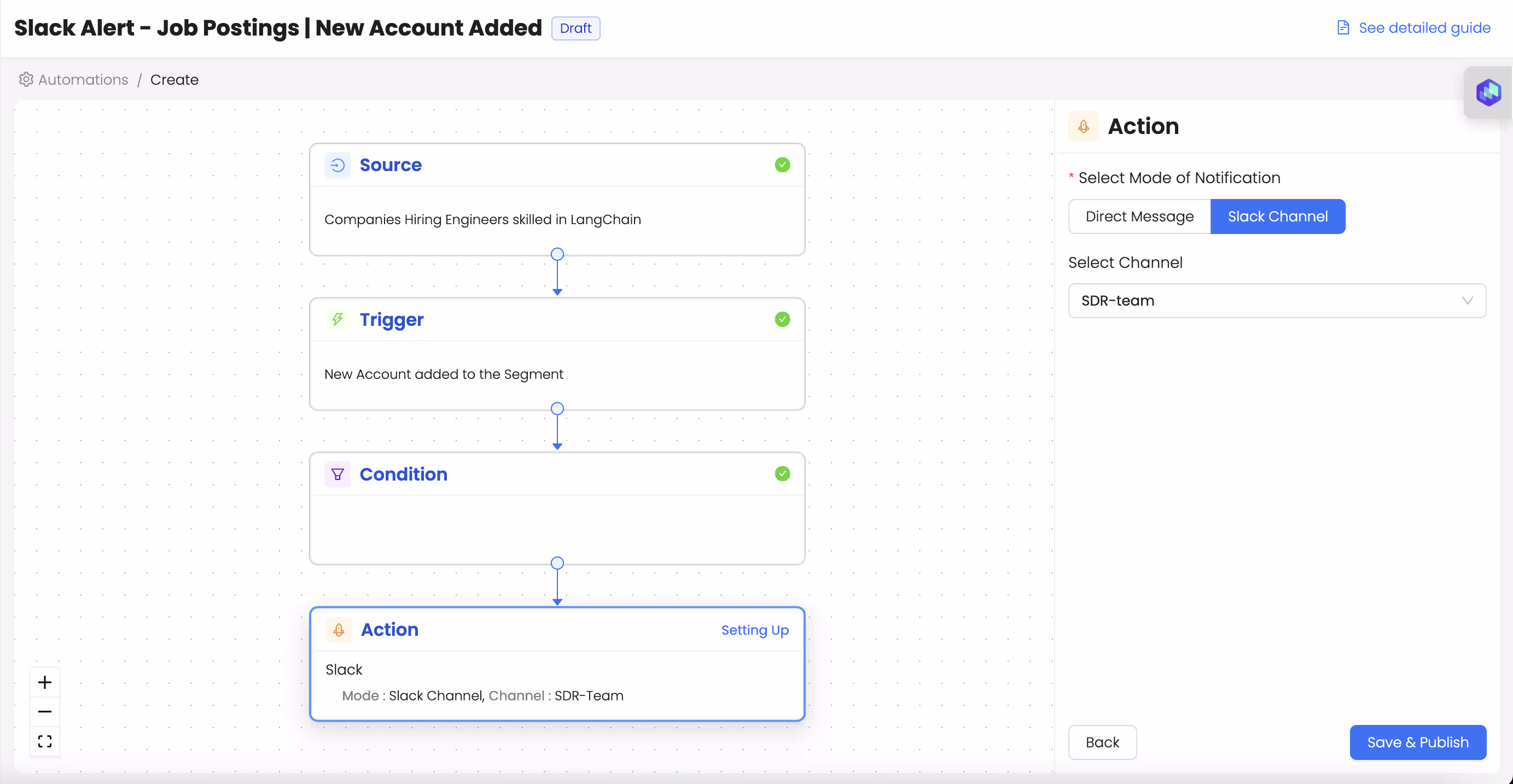 Slack alert job posting new account added, choose action - ‘Set up slack alert’