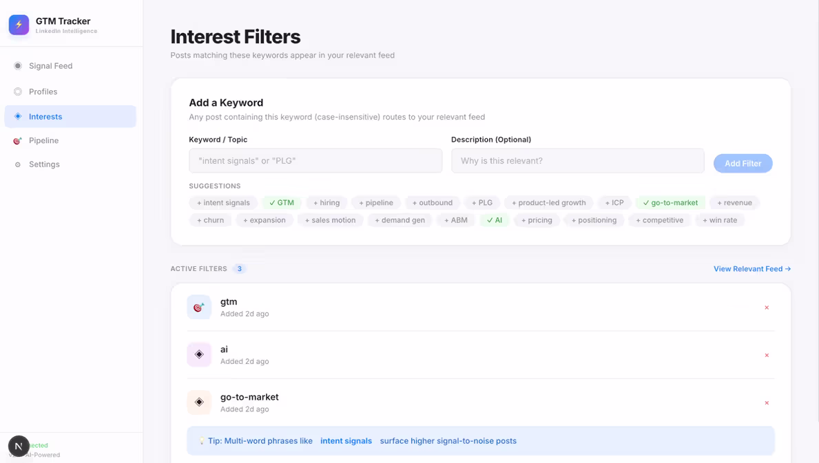 Filtered prospect list showing interested leads based on intent signals and engagement criteria for targeted outreach.