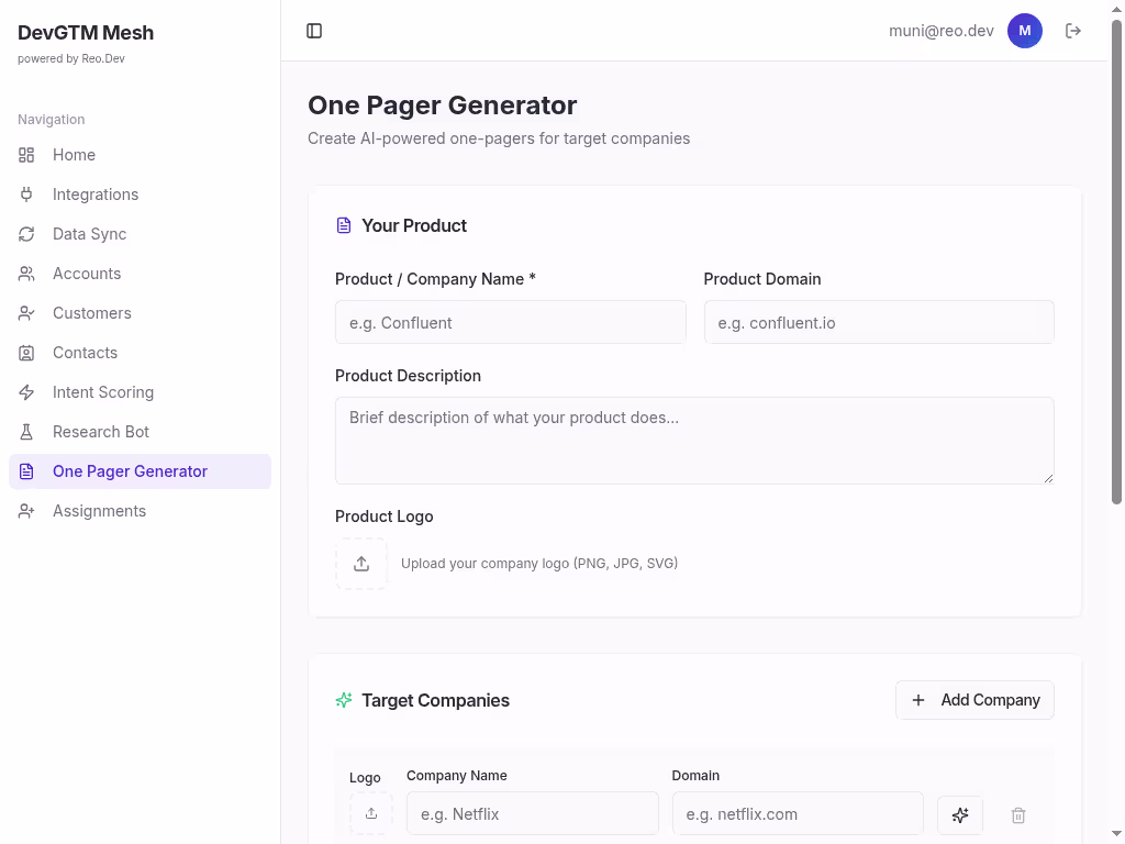 AI-powered one pager generator form for creating company-specific documents with product details and target companies.