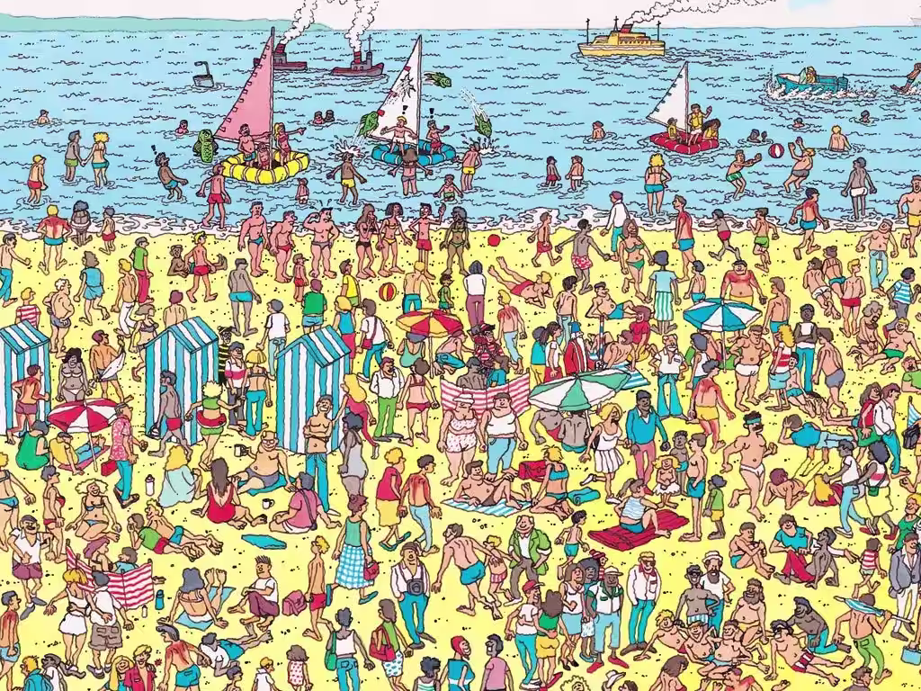 Waldo-style illustration of a busy, crowded market environment where finding a person in the crowd is challenging.