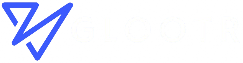 Blue geometric triangular logo next to the text GLOOTR in white uppercase letters.