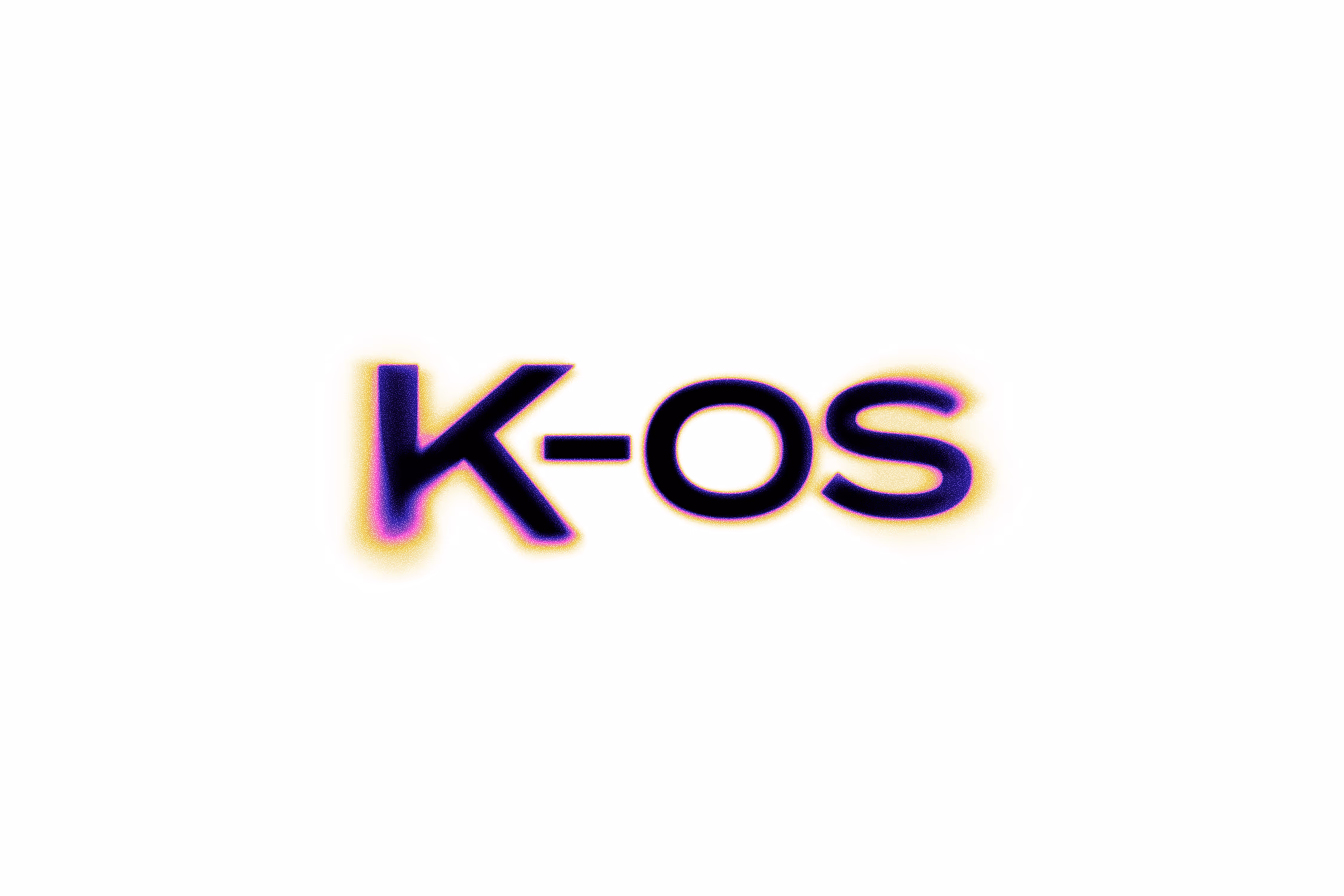 Text reading 'K-OS' with a colorful glowing effect around the letters on a white background.