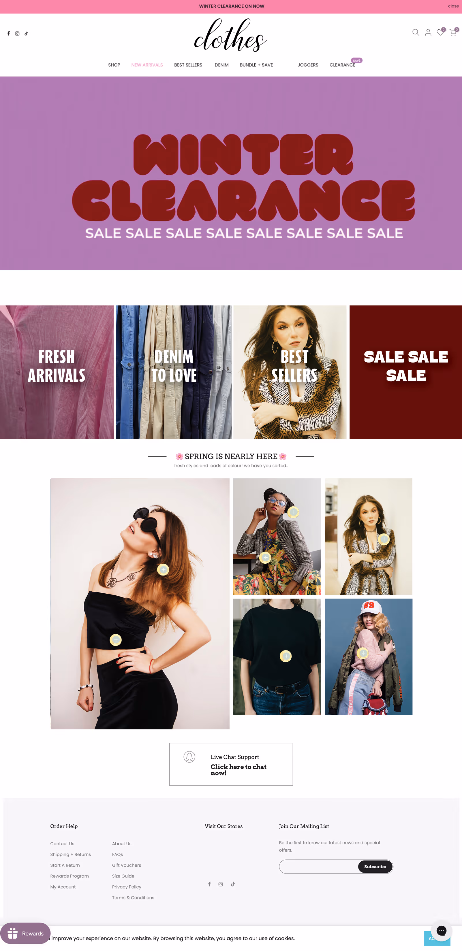 Clothing website homepage featuring a winter clearance banner, categories for fresh arrivals, denim, best sellers, and sale items, with images of diverse models showcasing fashion styles.