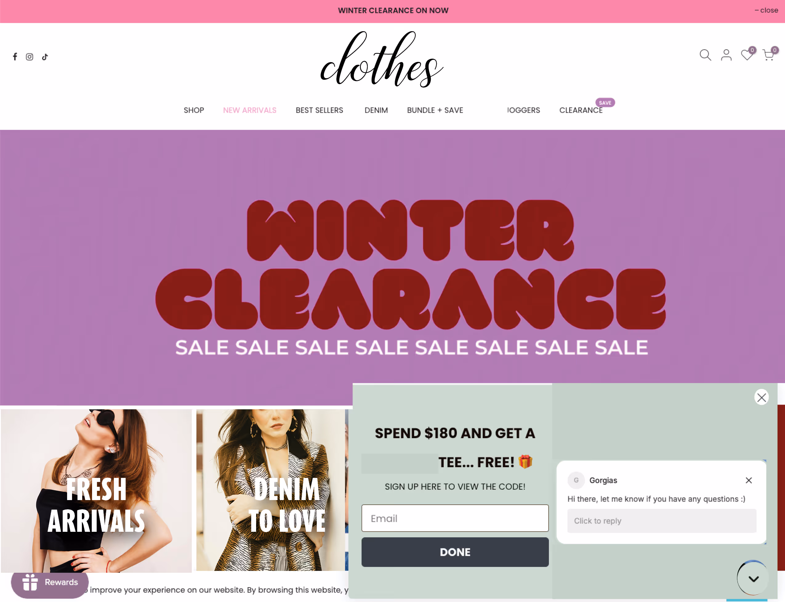 Website homepage featuring a winter clearance sale banner in bold red text on purple background, with sections for fresh arrivals and denim clothing, and a popup offering a free tee with $180 purchase.
