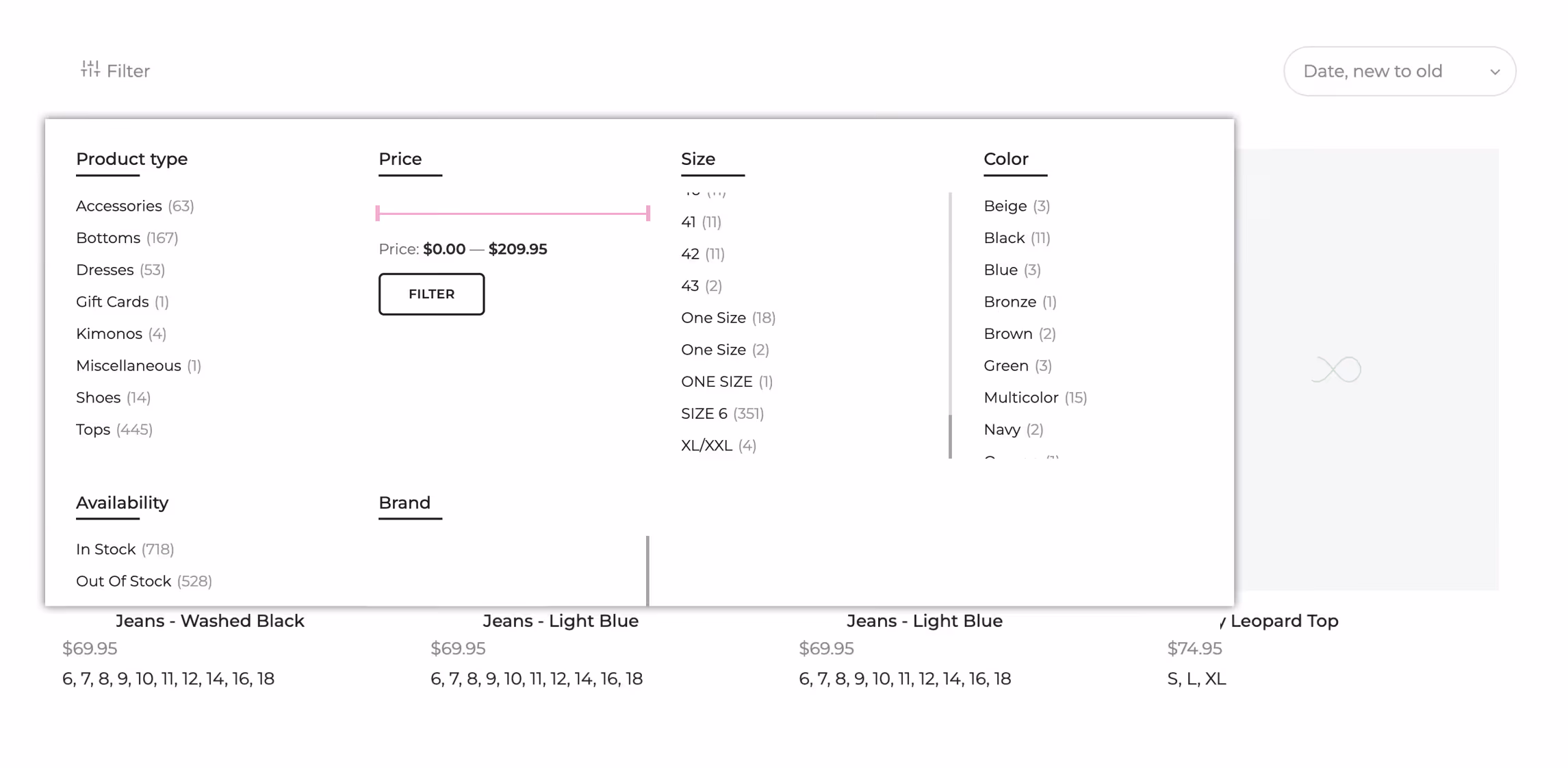 E-commerce filter dropdown showing options for product type, price range slider, size, color, availability, and brand with counts for each category.