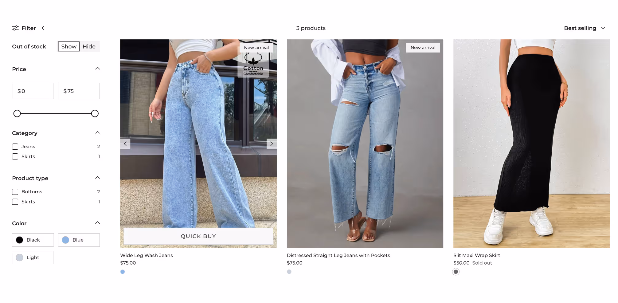 Three women's clothing items: light blue wide leg wash jeans, light blue distressed straight leg jeans with pockets, and a black slit maxi wrap skirt worn with white sneakers.