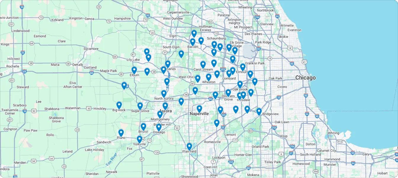 Map of northern Illinois showing Chicago, Naperville, and surrounding cities