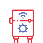 Robot-like device with WiFi and gear icon in red and blue colors