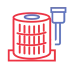 Red industrial filter with blue wrench, mechanical maintenance symbol