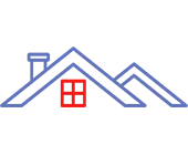Blue and red stylized house logo with mountain peaks
