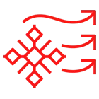 Red geometric logo with symmetrical design and curved directional arrows